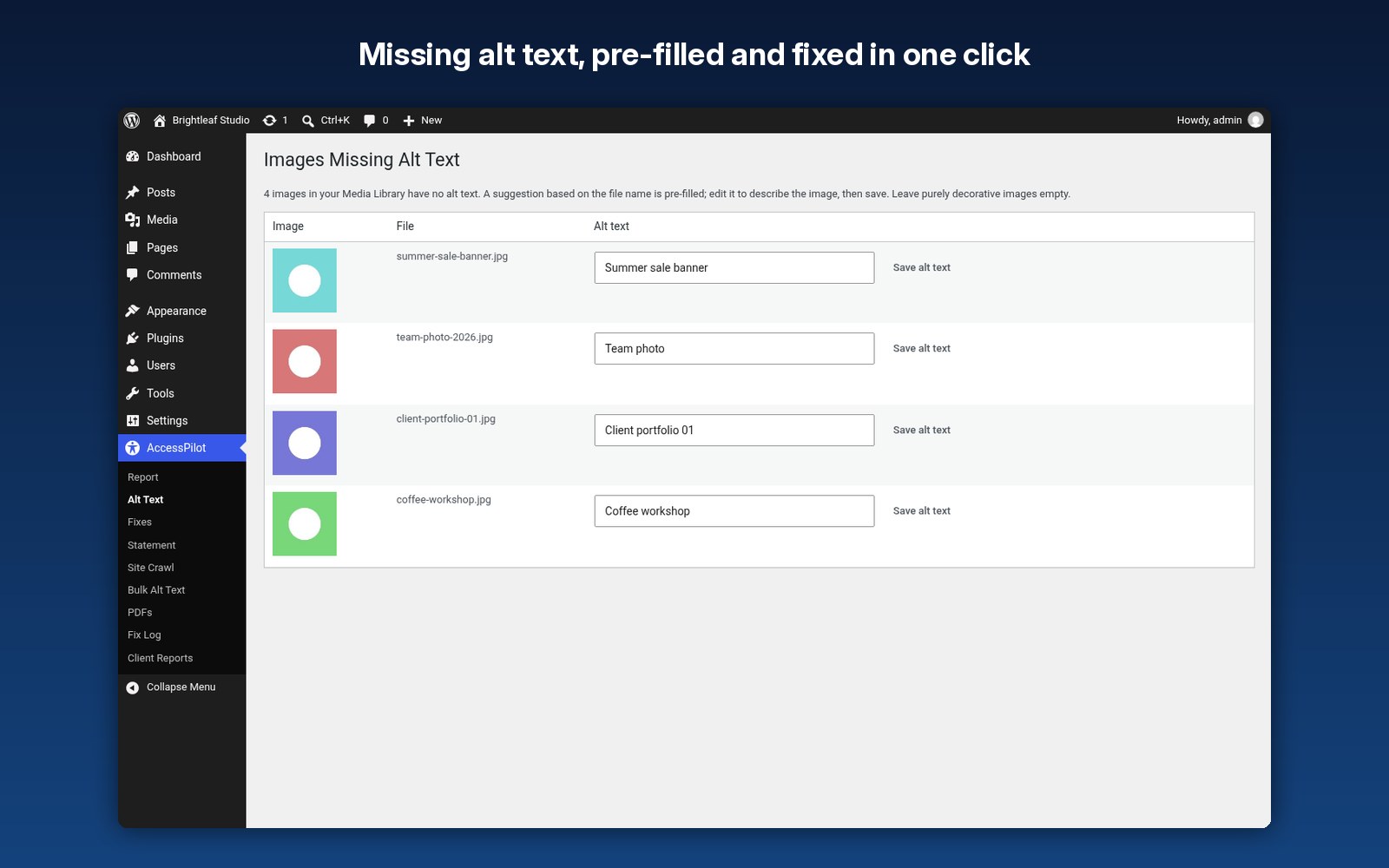 Missing alt text, pre-filled and fixed in one click