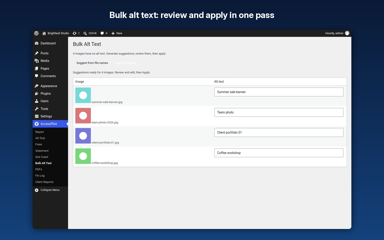 Bulk alt text: review and apply in one pass