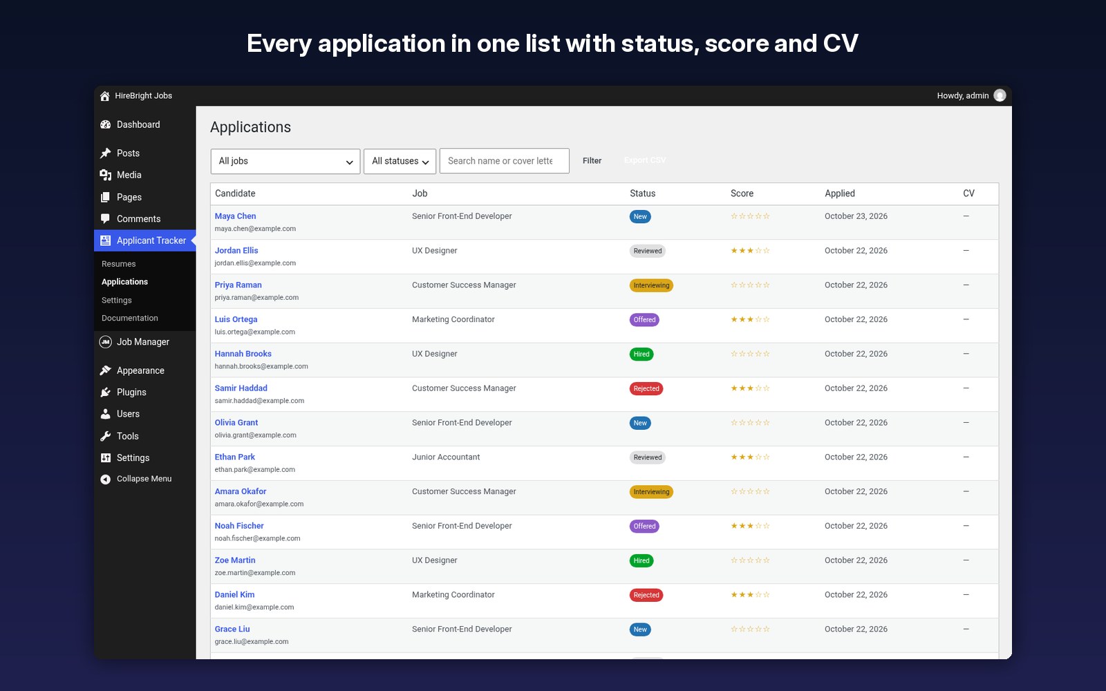 Every application in one list with status, score and CV