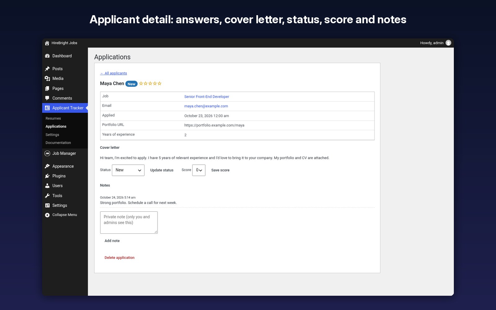 Applicant detail with answers, cover letter, status, score and notes