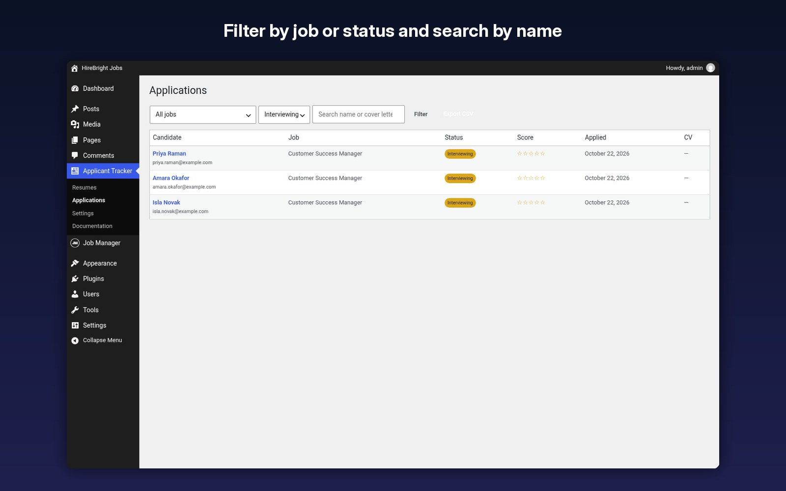 Filter by job or status and search by name