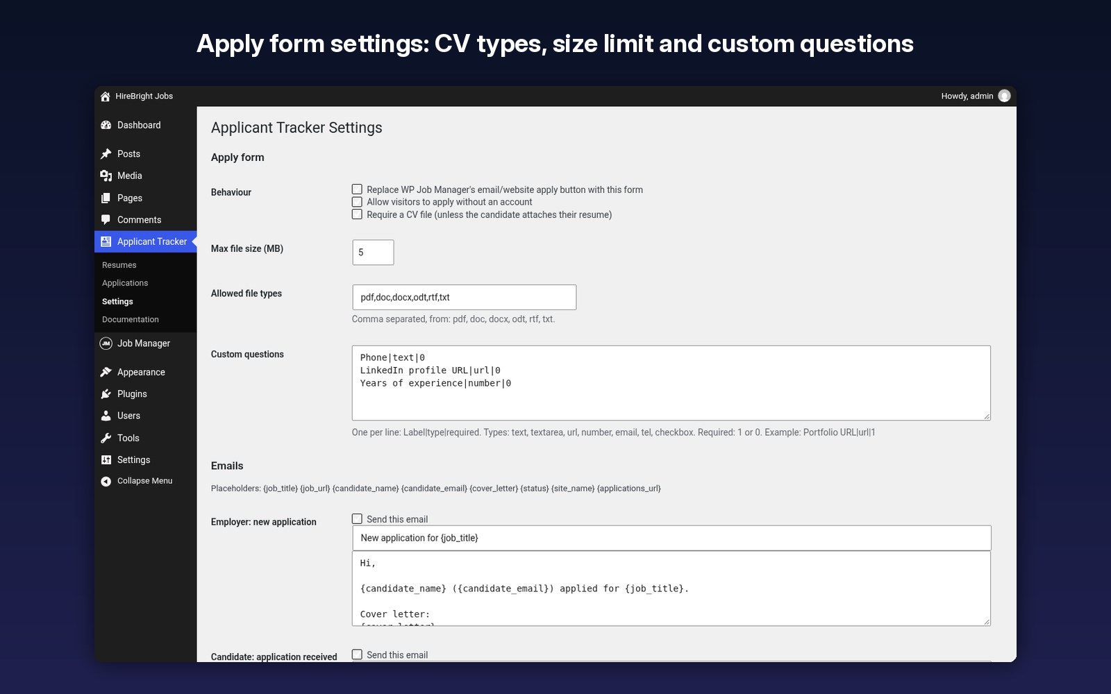 Apply form settings: CV types, size limit and custom questions
