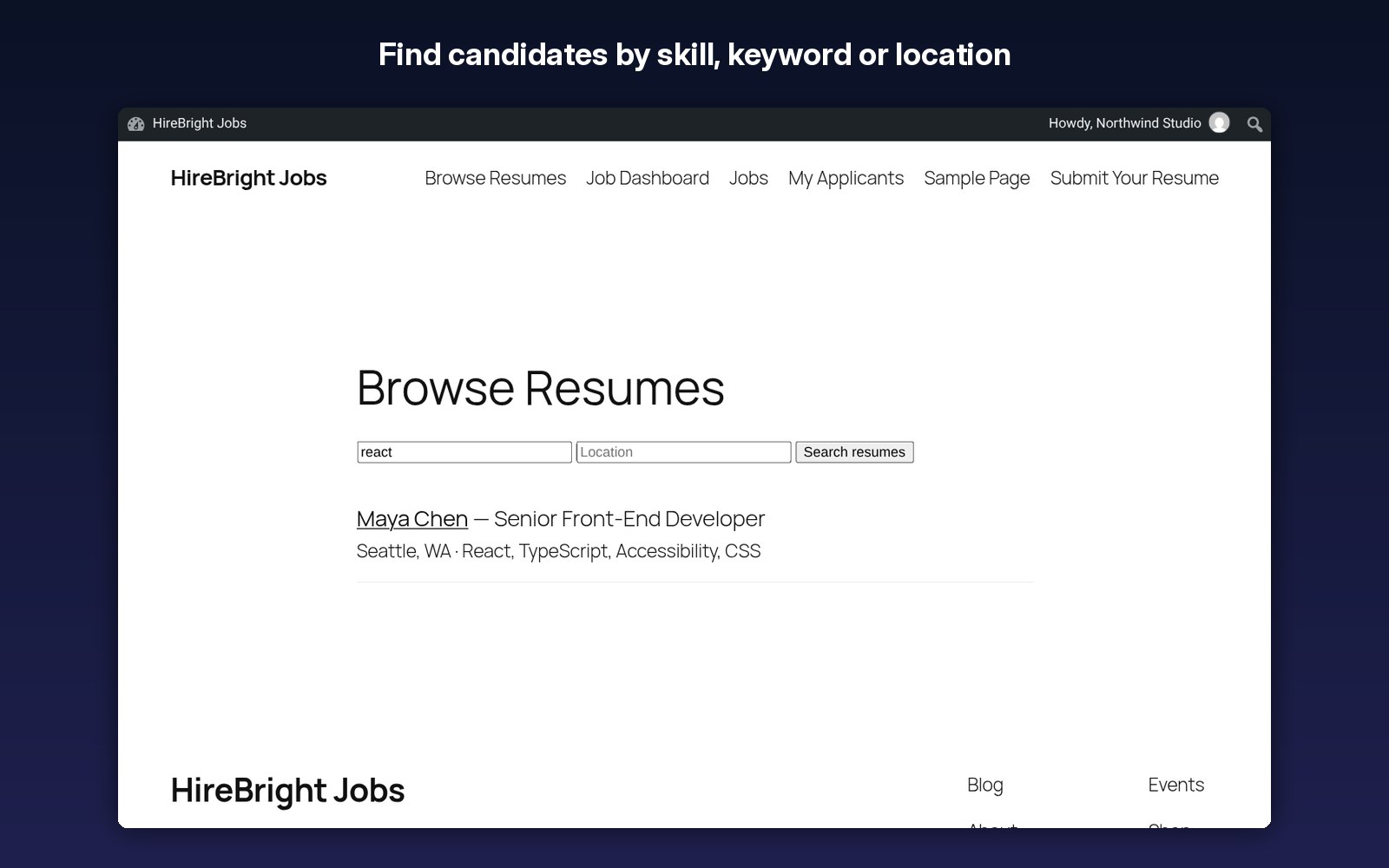 Find candidates by skill, keyword or location