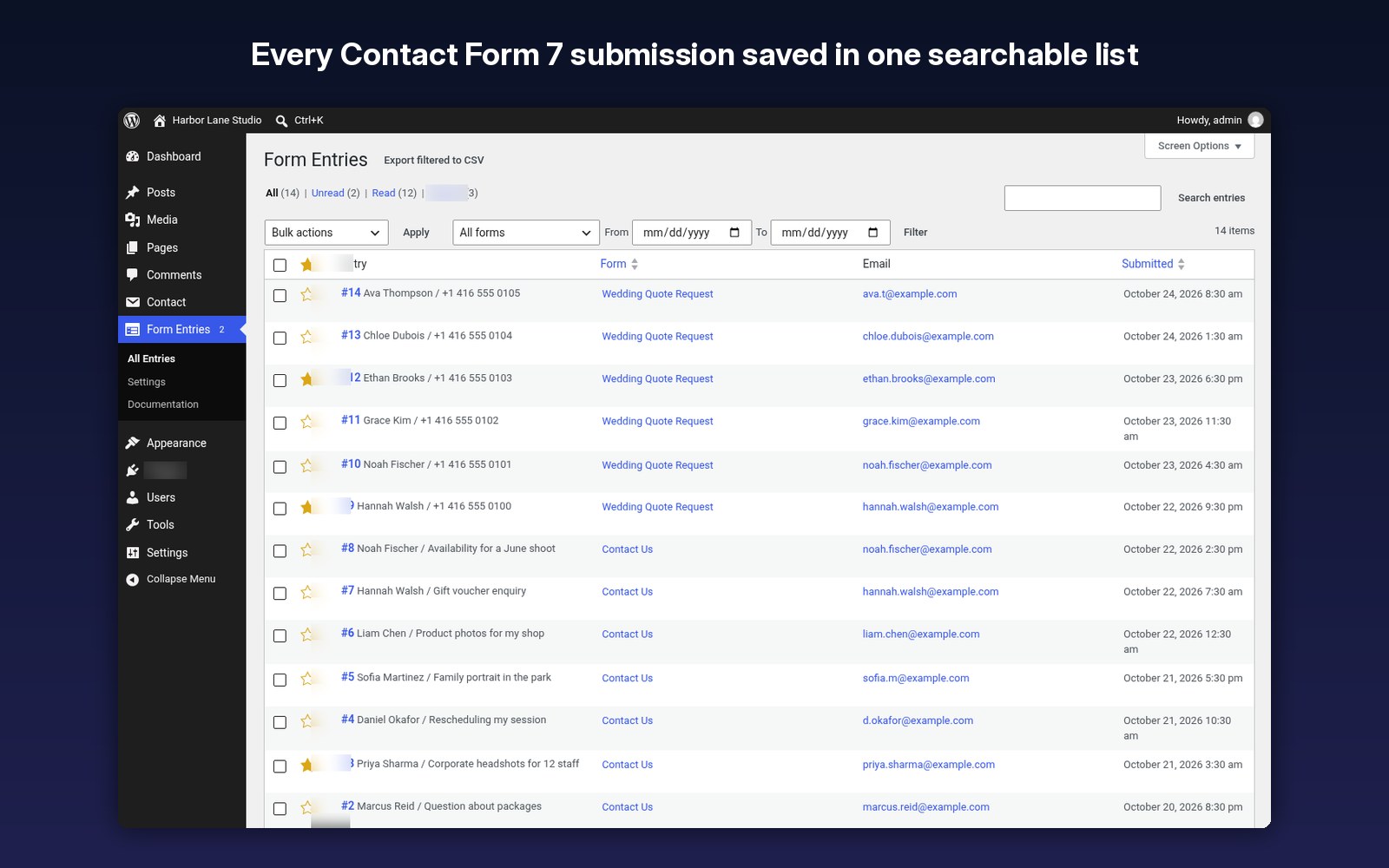 Every Contact Form 7 submission saved in one searchable list