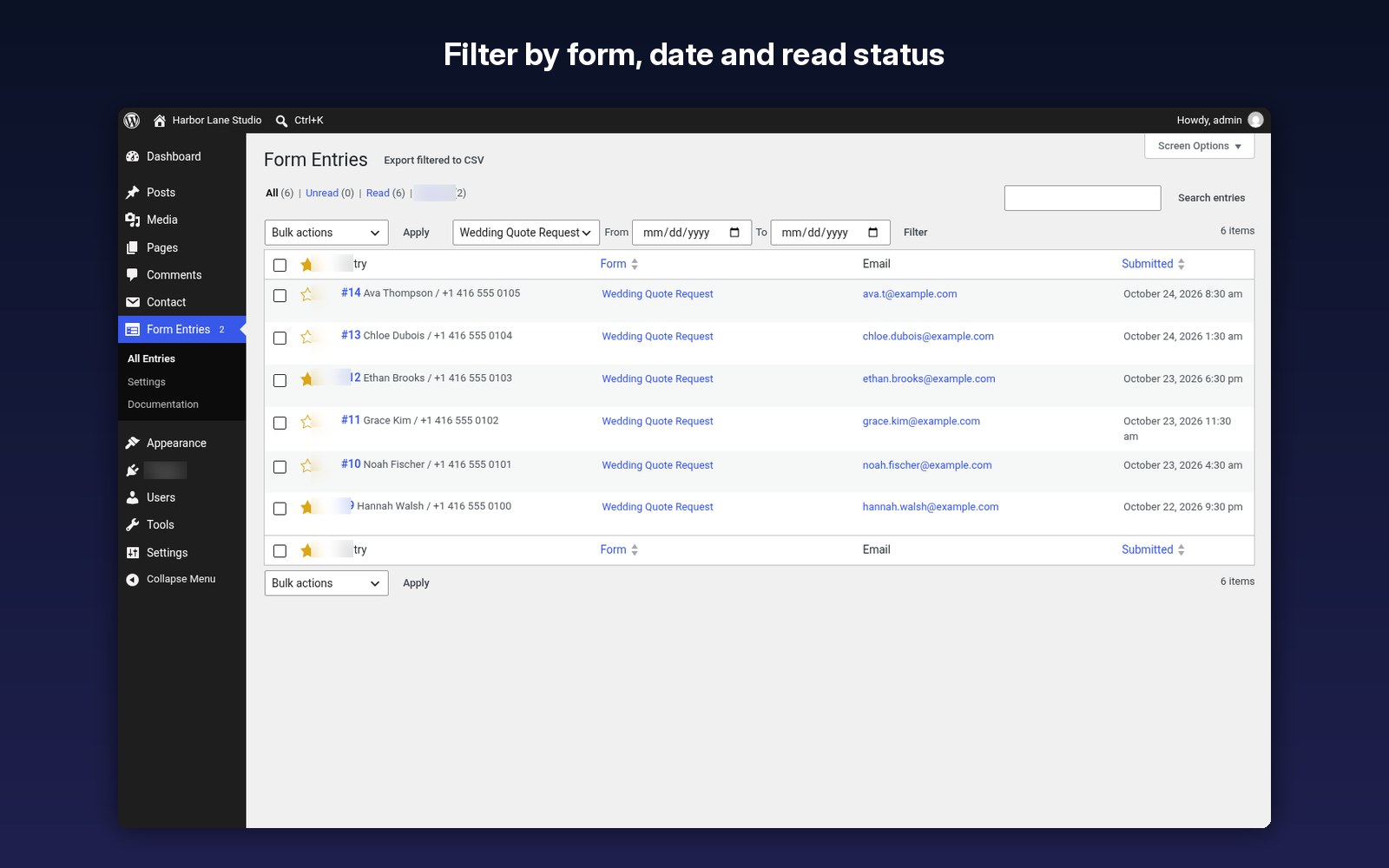 Filter by form, date and read status