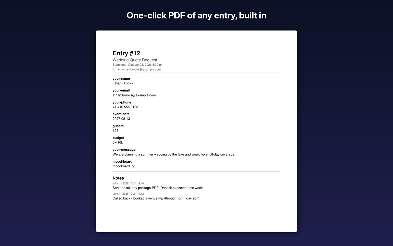 One-click PDF of any entry, built in