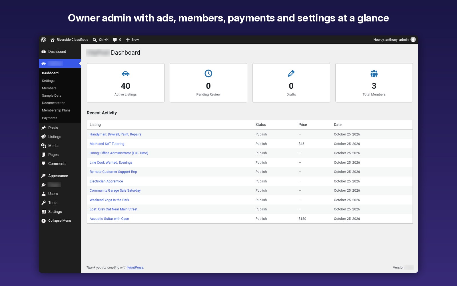 Owner admin with ads, members, payments and settings at a glance
