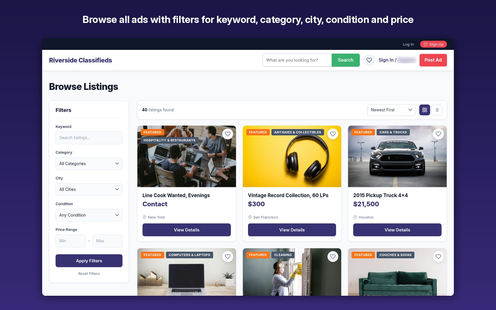 Browse all ads with filters for keyword, category, city, condition and price