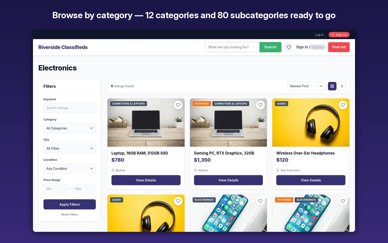 Browse by category — 12 categories and 80 subcategories ready to go