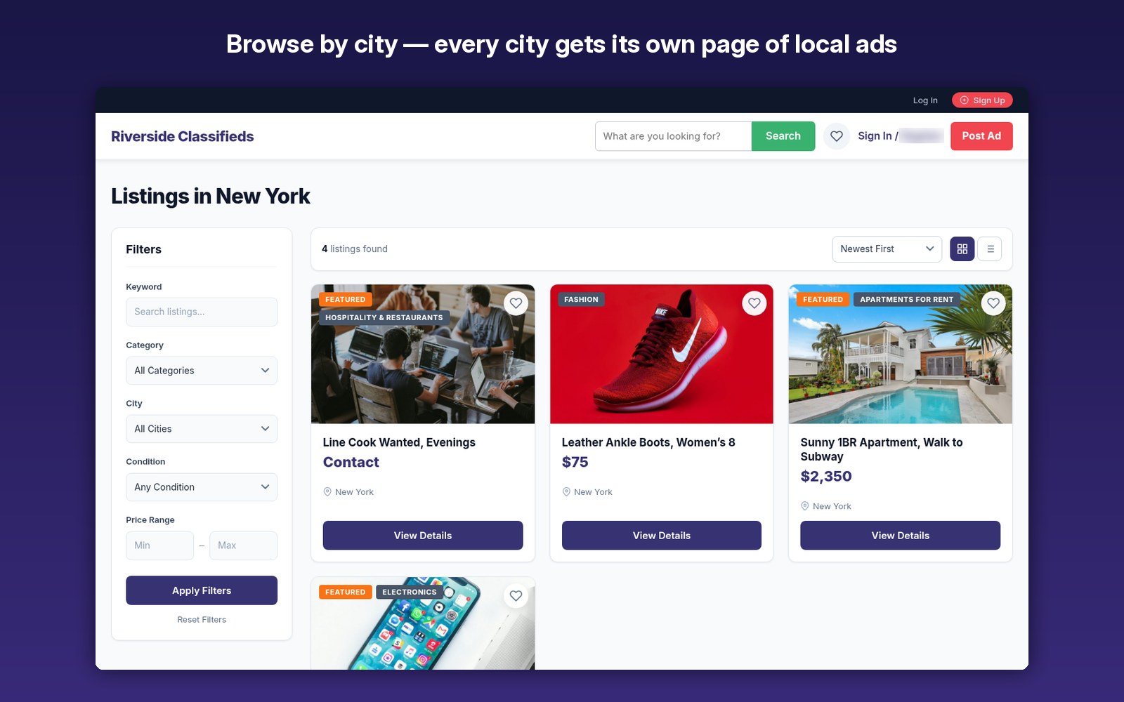 Browse by city — every city gets its own page of local ads
