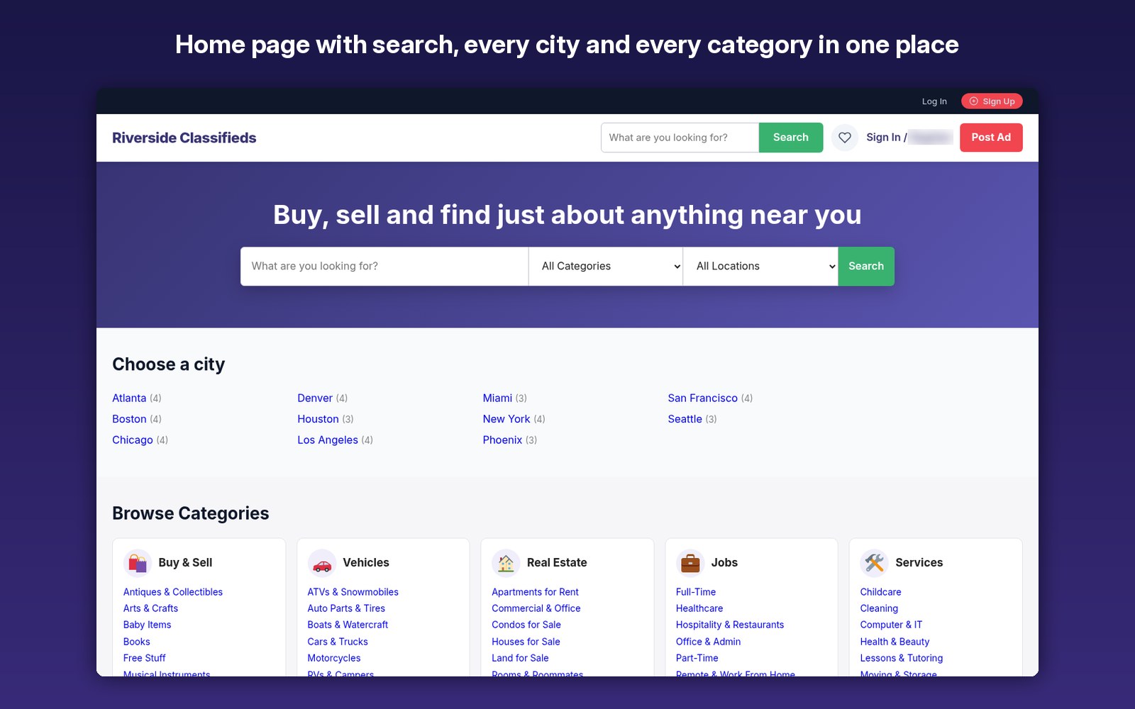 Home page with search, every city and every category in one place