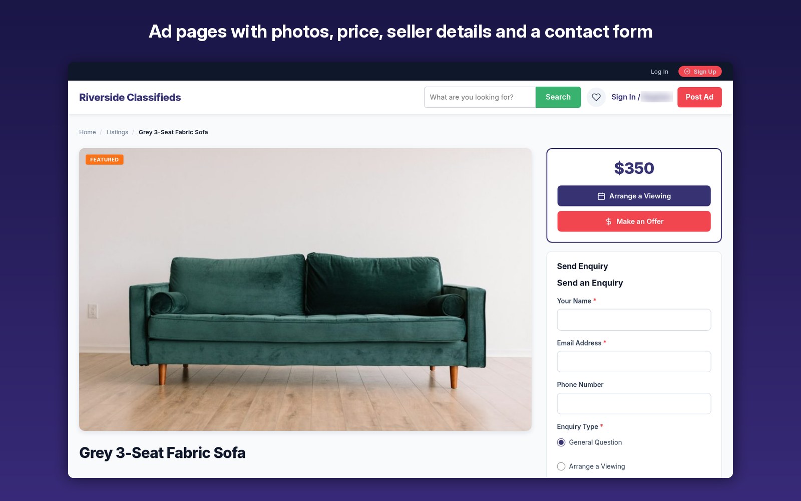 Ad pages with photos, price, seller details and a contact form