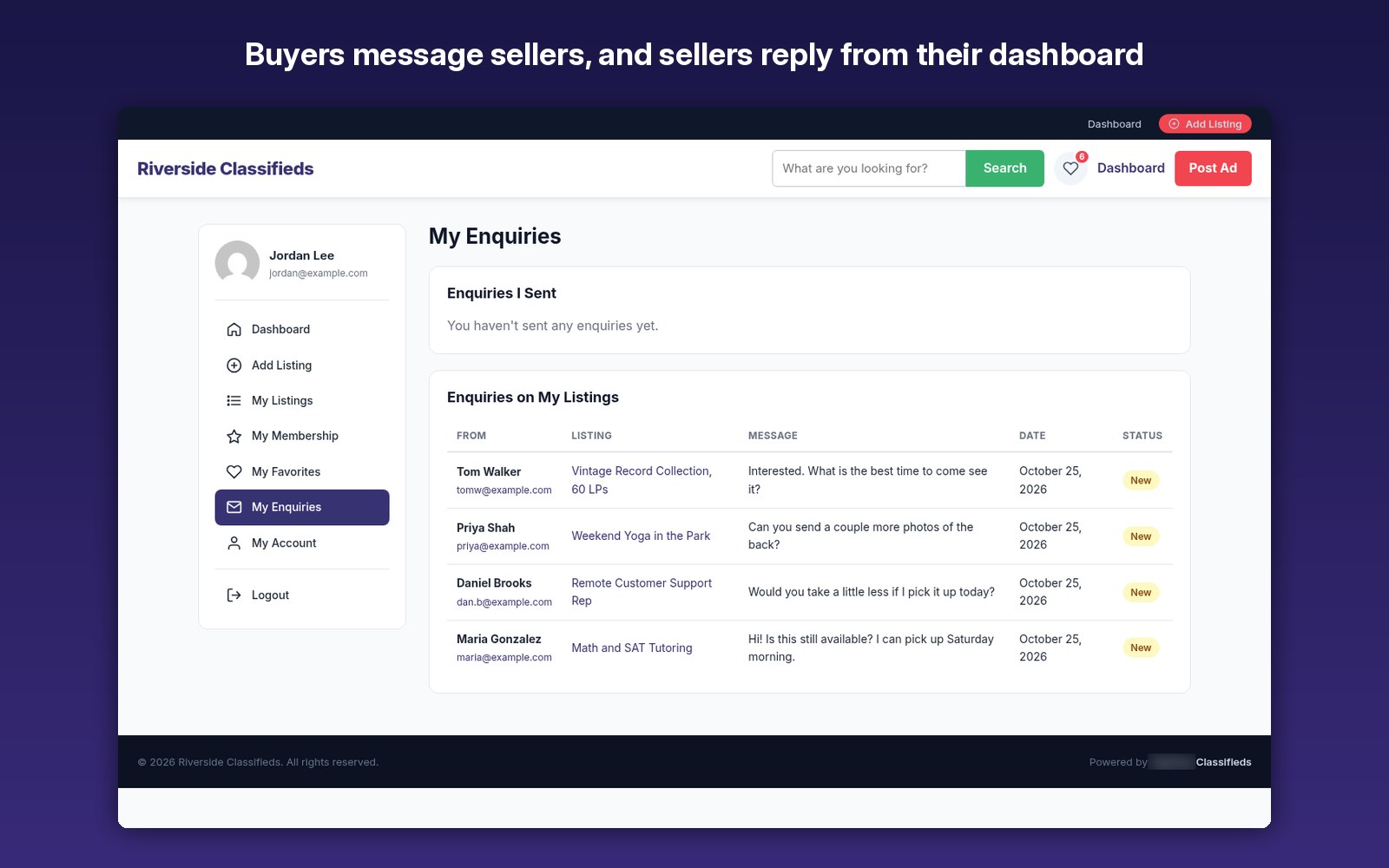 Buyers message sellers, and sellers reply from their dashboard