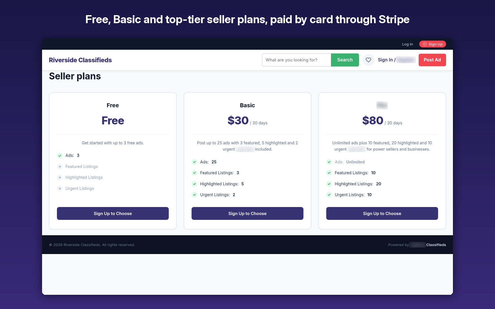 Free, Basic and top-tier seller plans, paid by card through Stripe