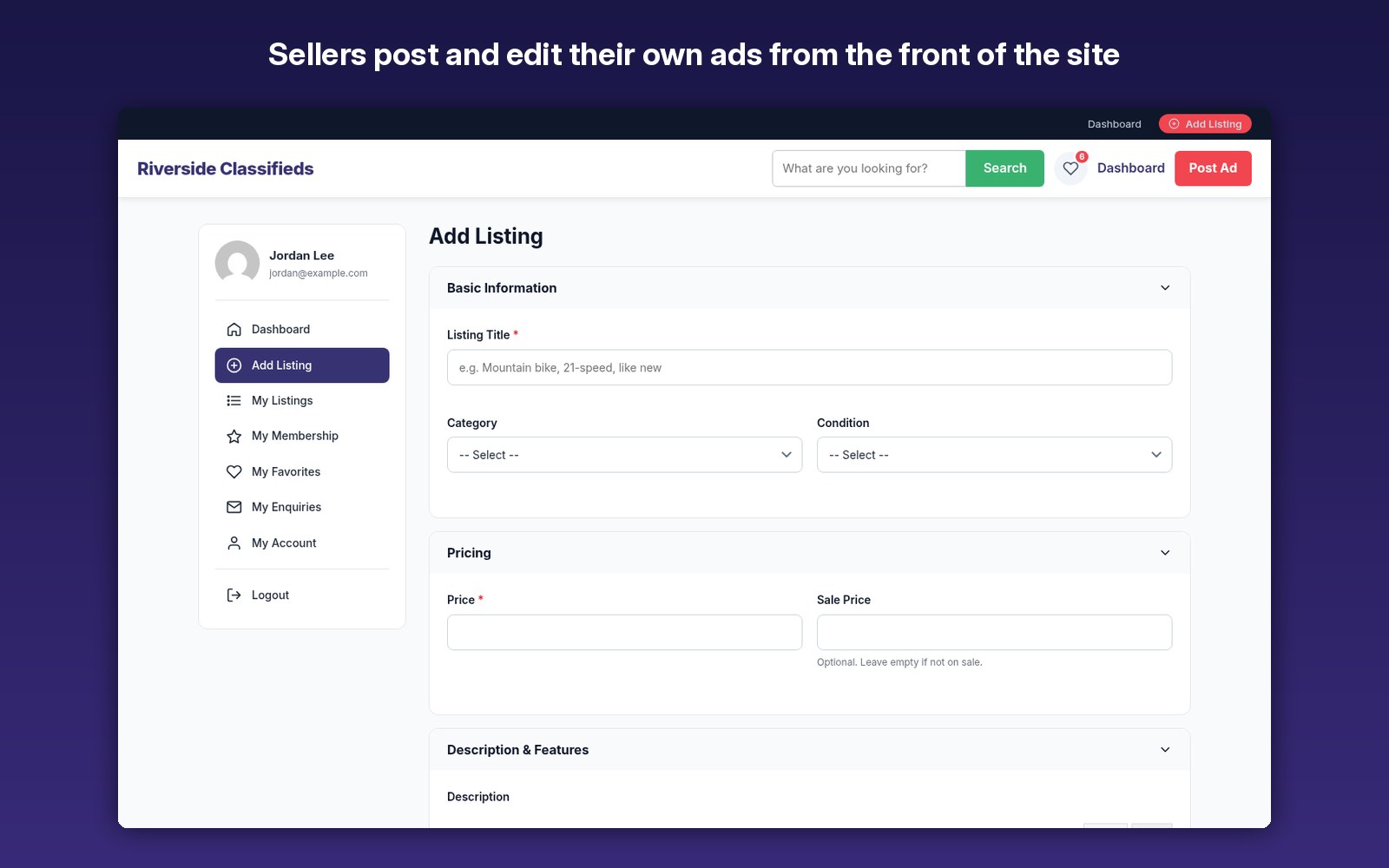 Sellers post and edit their own ads from the front of the site