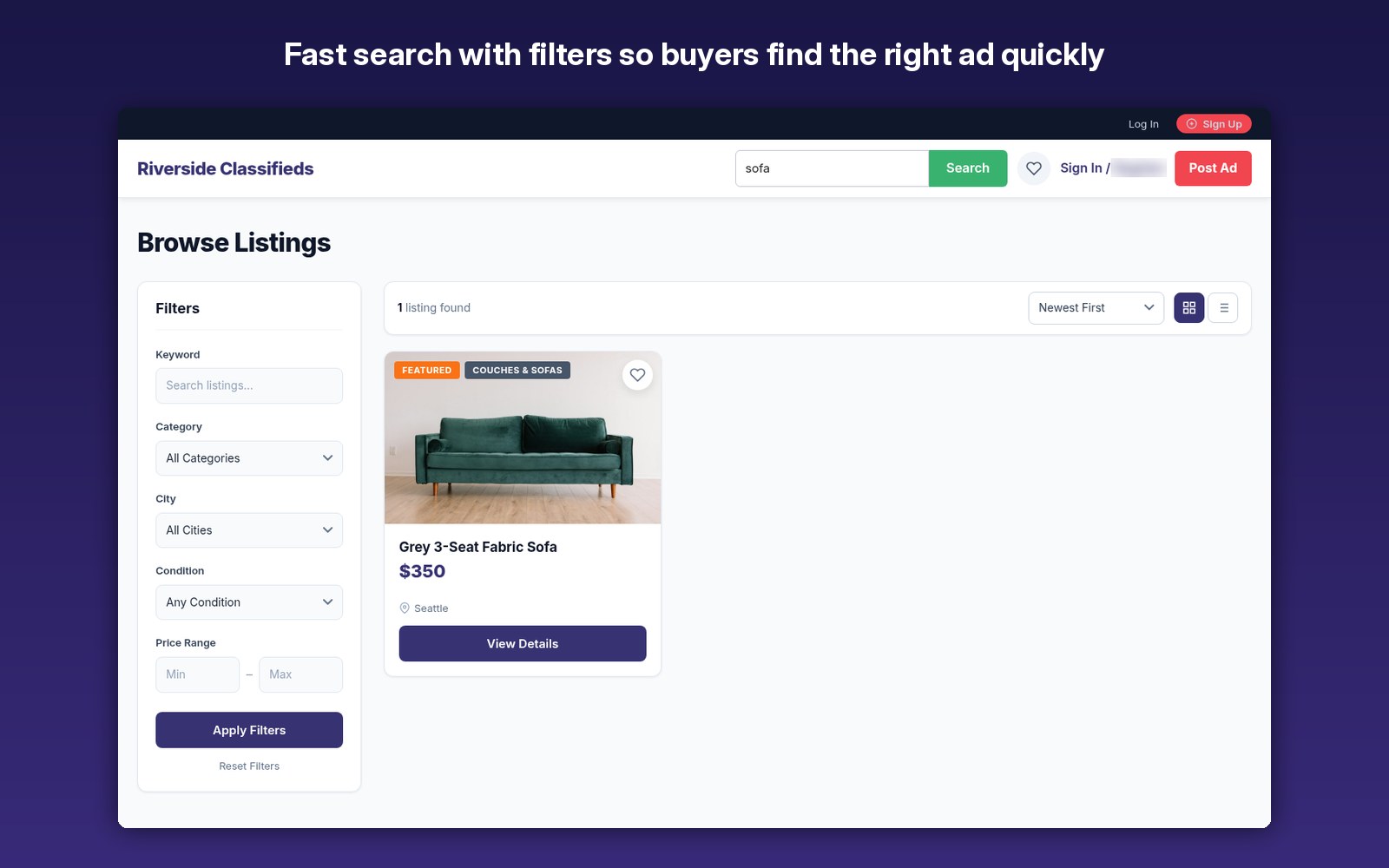 Fast search with filters so buyers find the right ad quickly