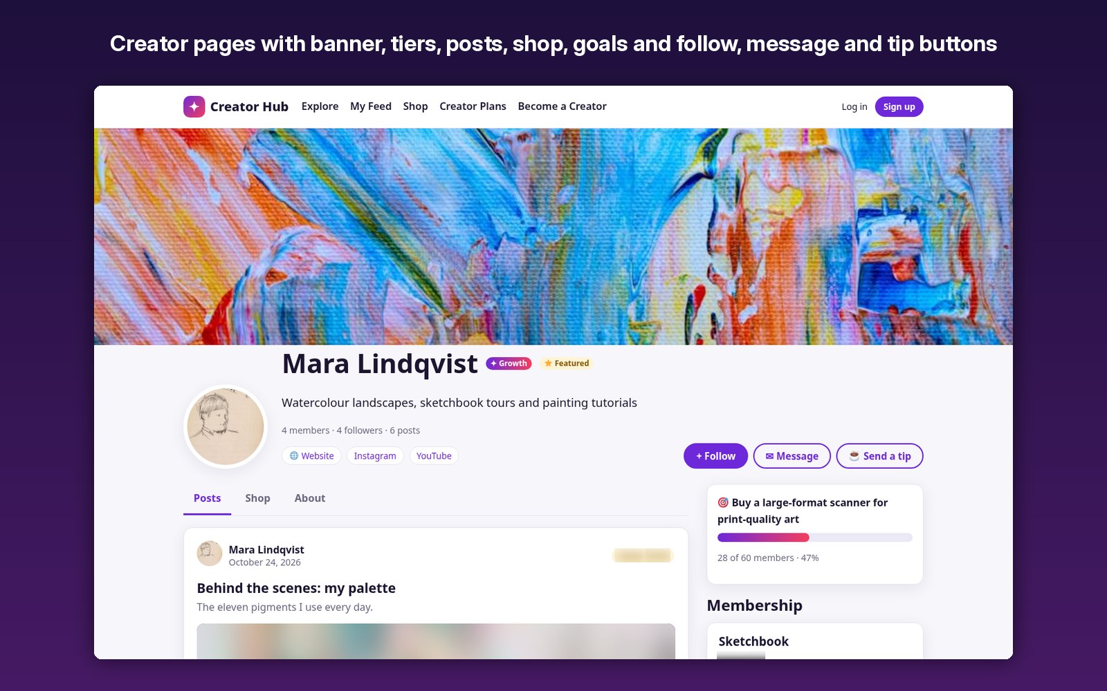 Creator pages with banner, tiers, posts, shop, goals and follow, message and tip buttons