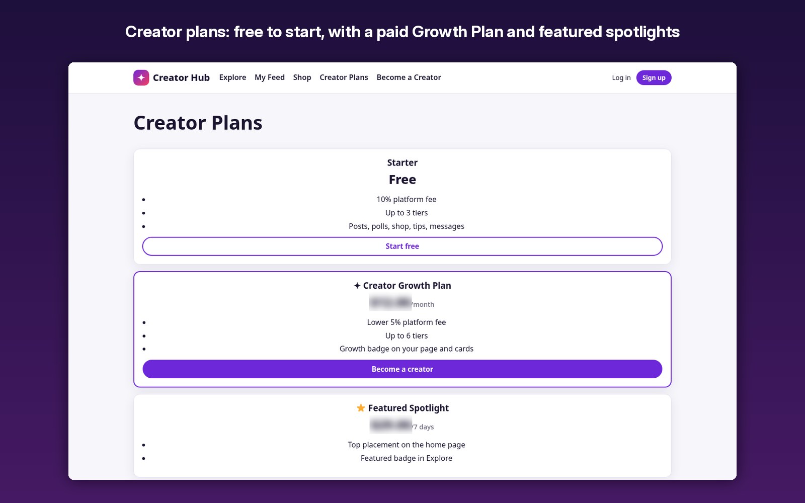 Creator plans: free to start, with a paid Growth Plan and featured spotlights
