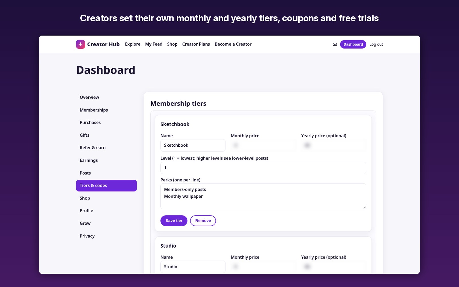 Creators set their own monthly and yearly tiers, coupons and free trials