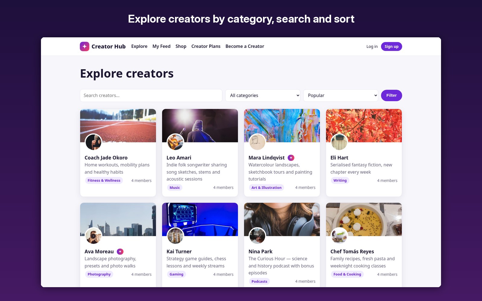 Explore creators by category, search and sort