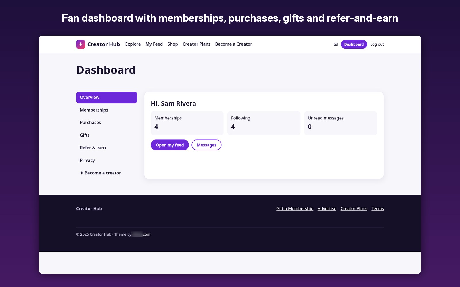 Fan dashboard with memberships, purchases, gifts and refer-and-earn
