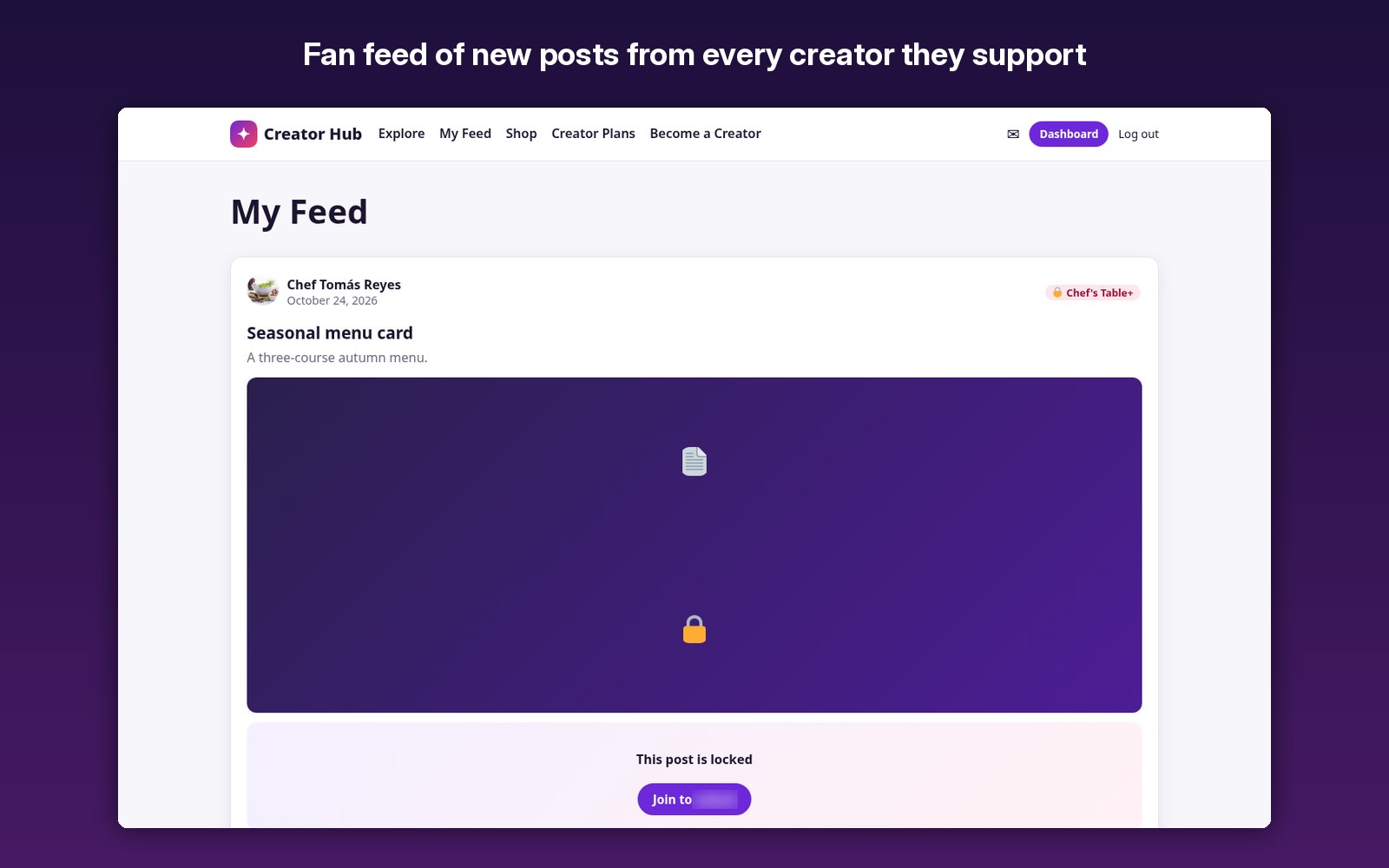 Fan feed of new posts from every creator they support