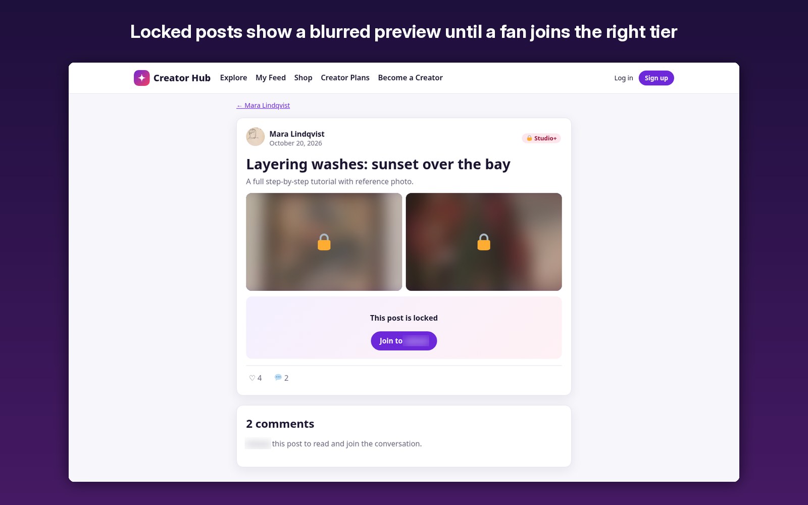 Locked posts show a blurred preview until a fan joins the right tier