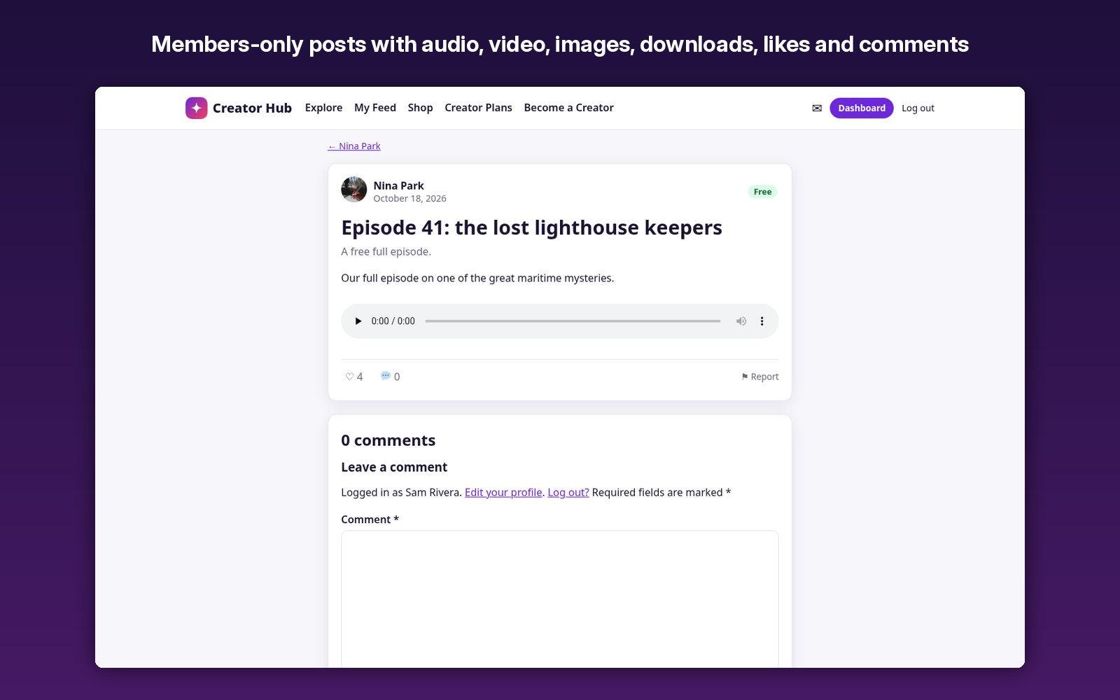Members-only posts with audio, video, images, downloads, likes and comments