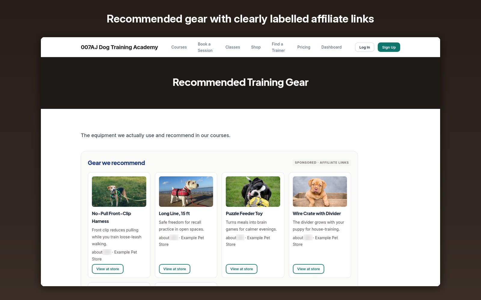 Recommended gear with clearly labelled affiliate links