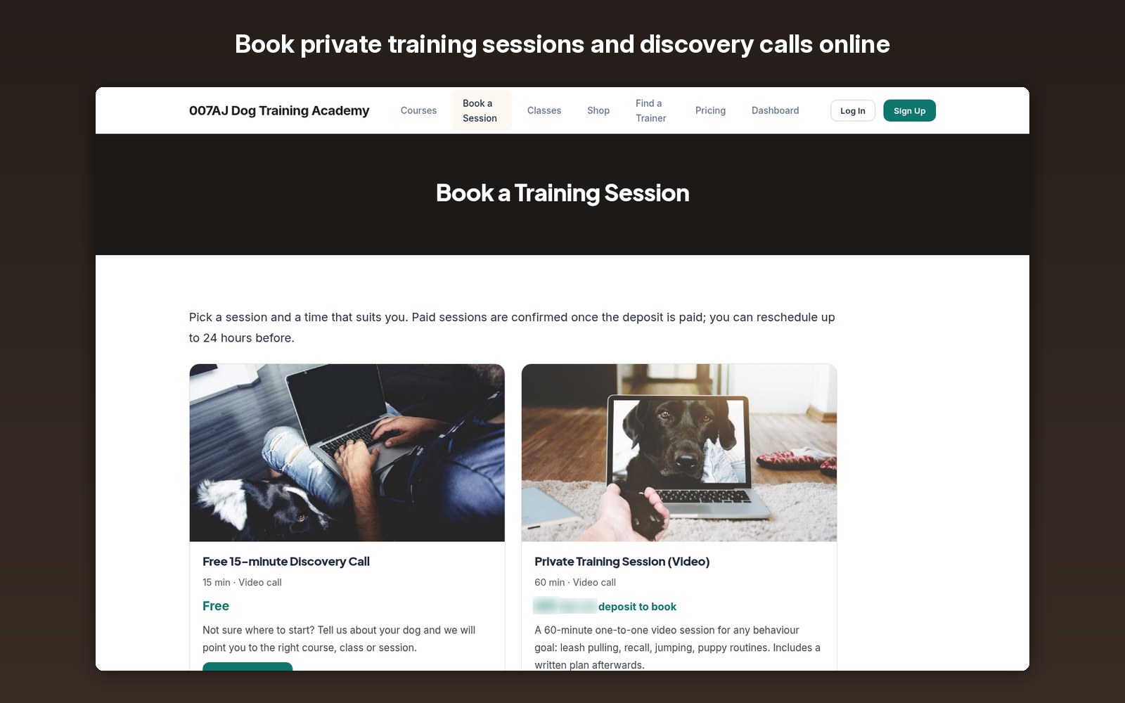 Book private training sessions and discovery calls online