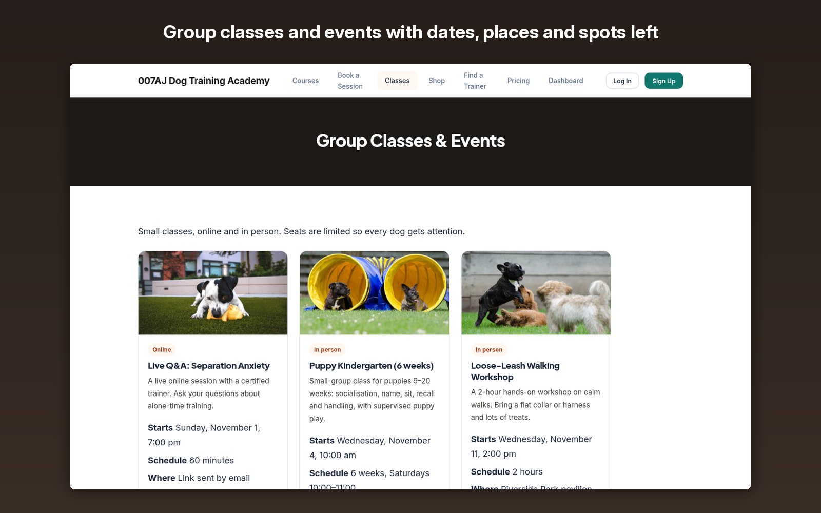 Group classes and events with dates, places and spots left