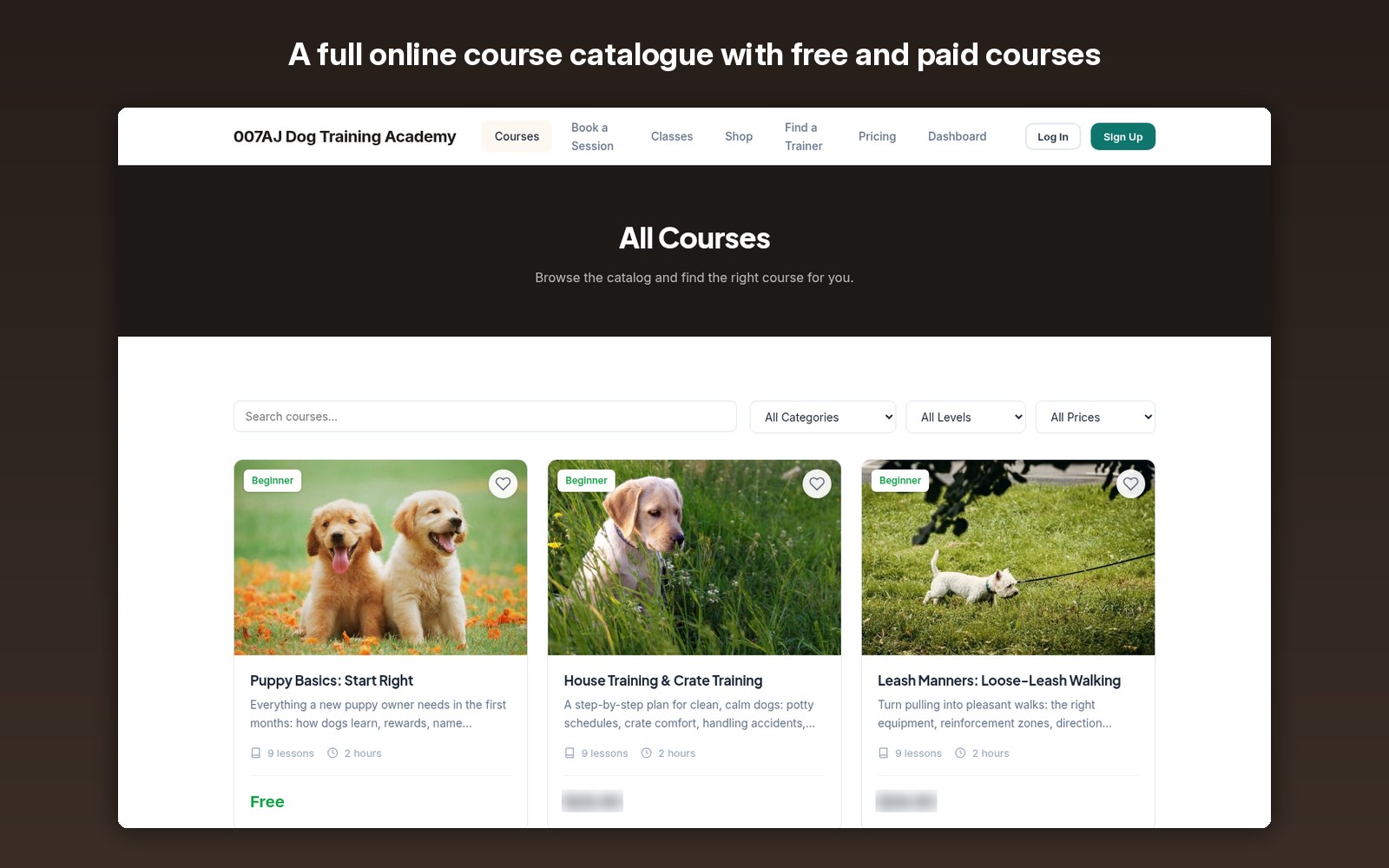 A full online course catalogue with free and paid courses