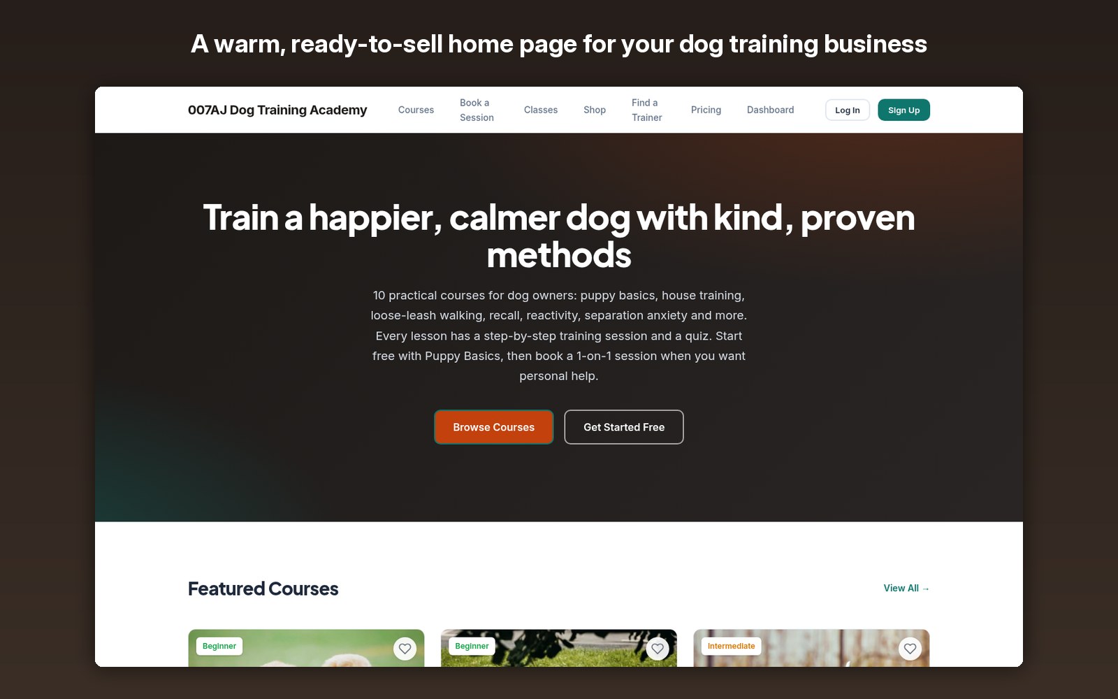 A warm, ready-to-sell home page for your dog training business