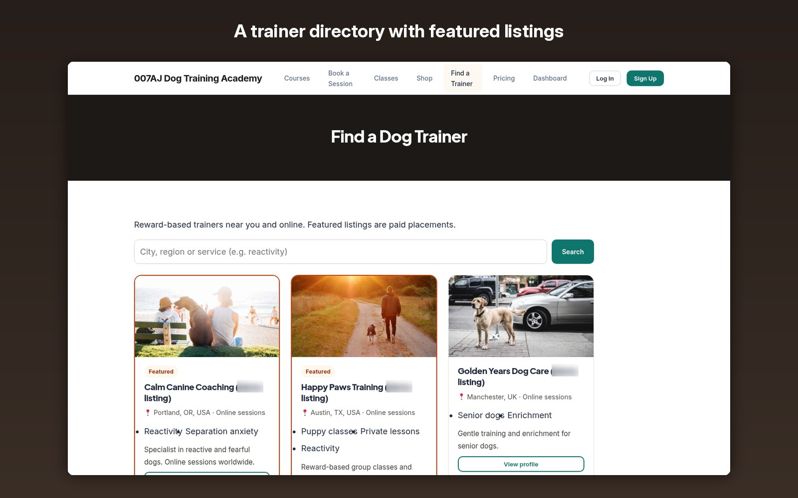 A trainer directory with featured listings