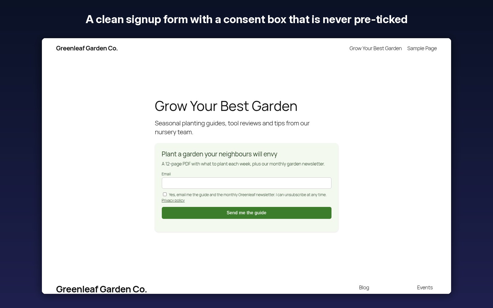 A clean signup form with a consent box that is never pre-ticked