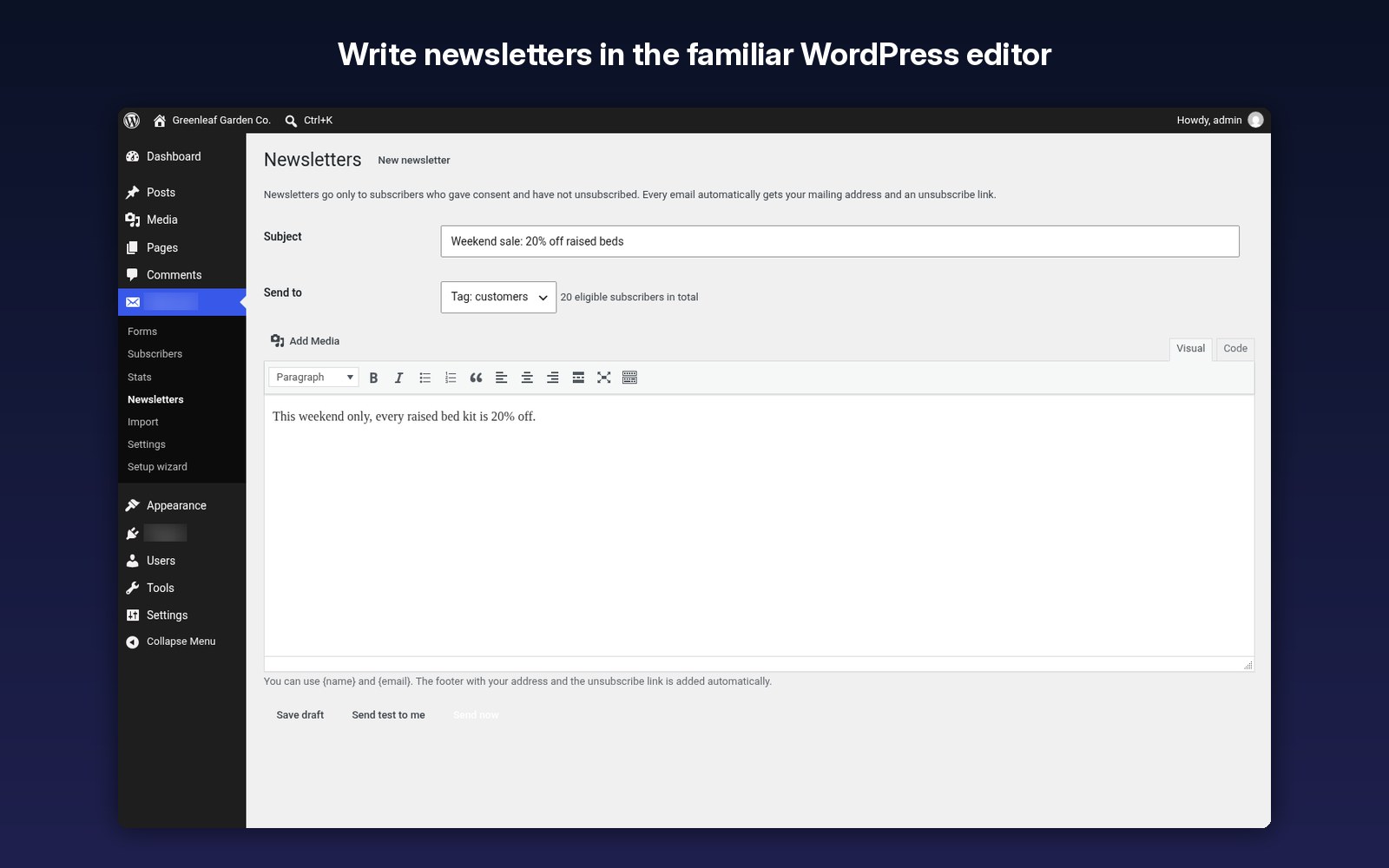 Write newsletters in the familiar WordPress editor