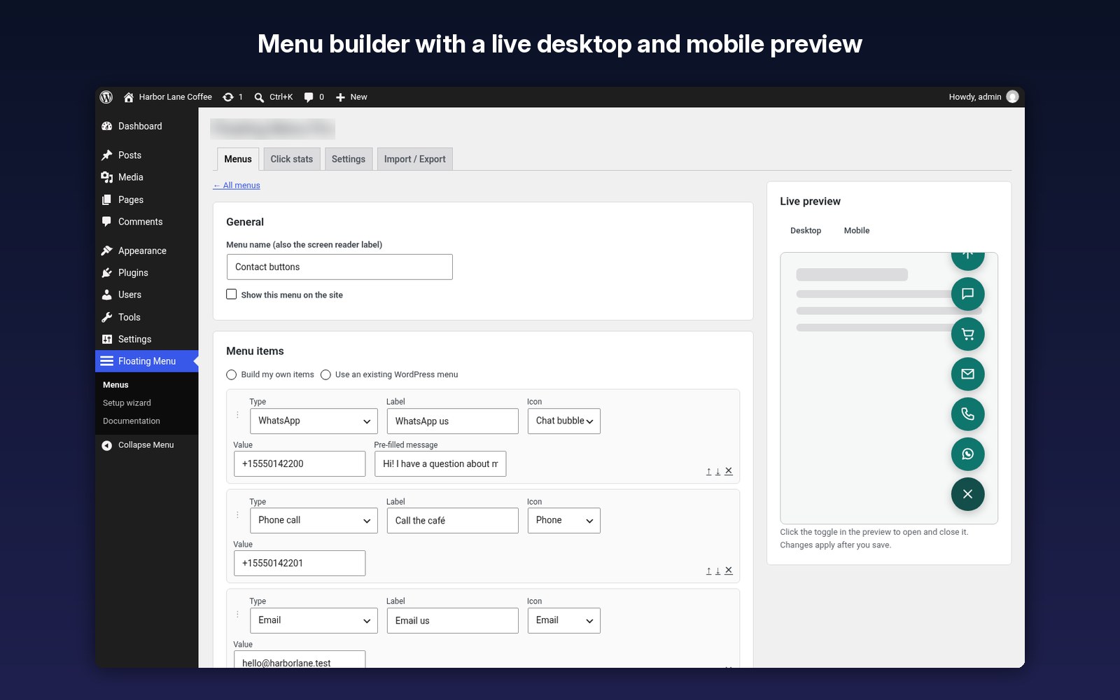 Menu builder with a live desktop and mobile preview