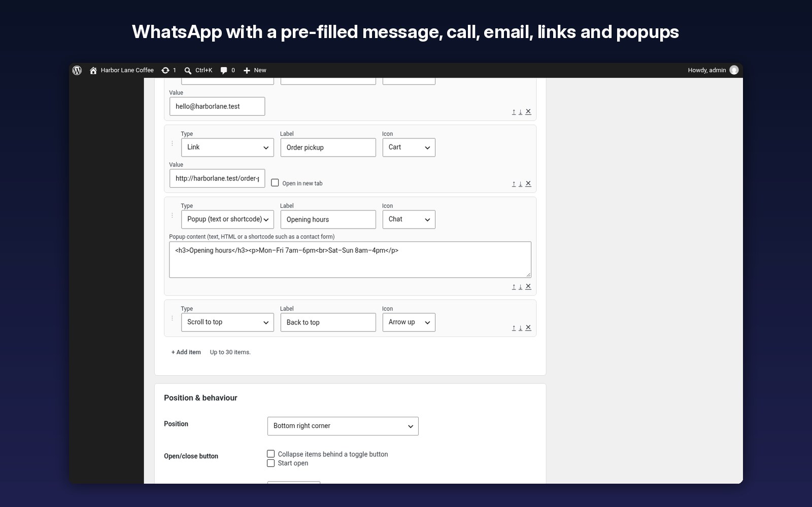 WhatsApp with a pre-filled message, call, email, links and popups