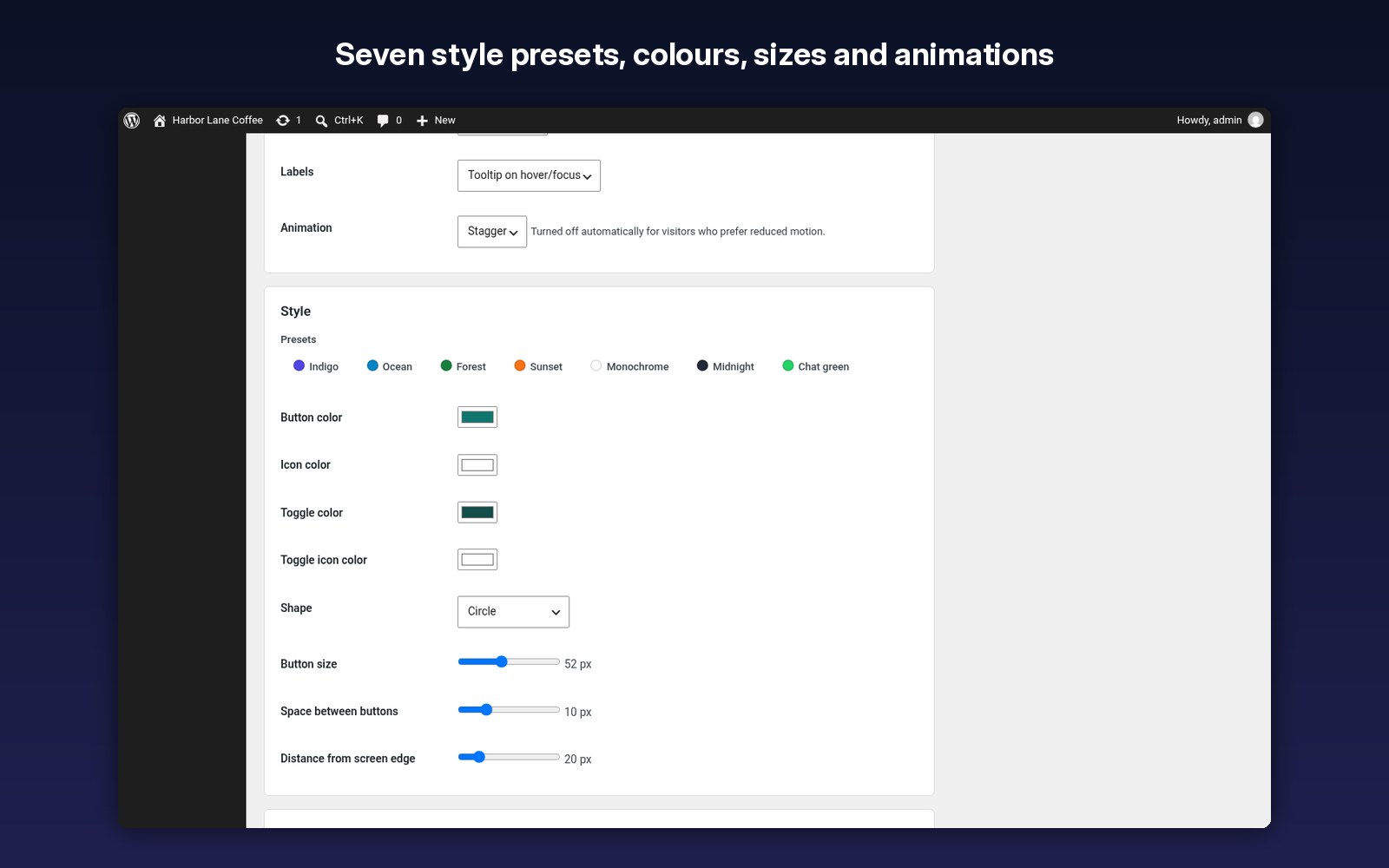 Style presets, colours, sizes and animations