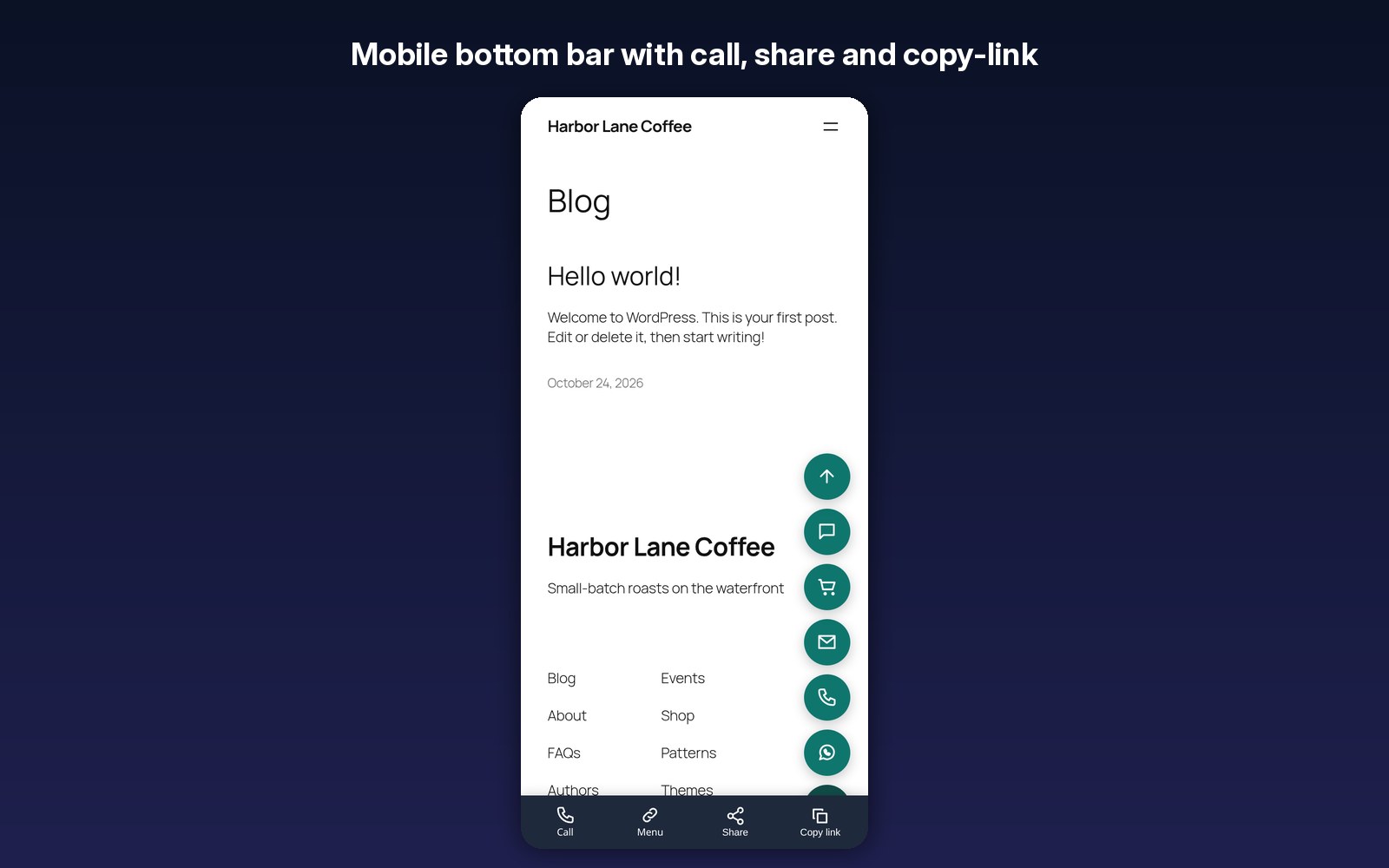 Mobile bottom bar with call, share and copy-link