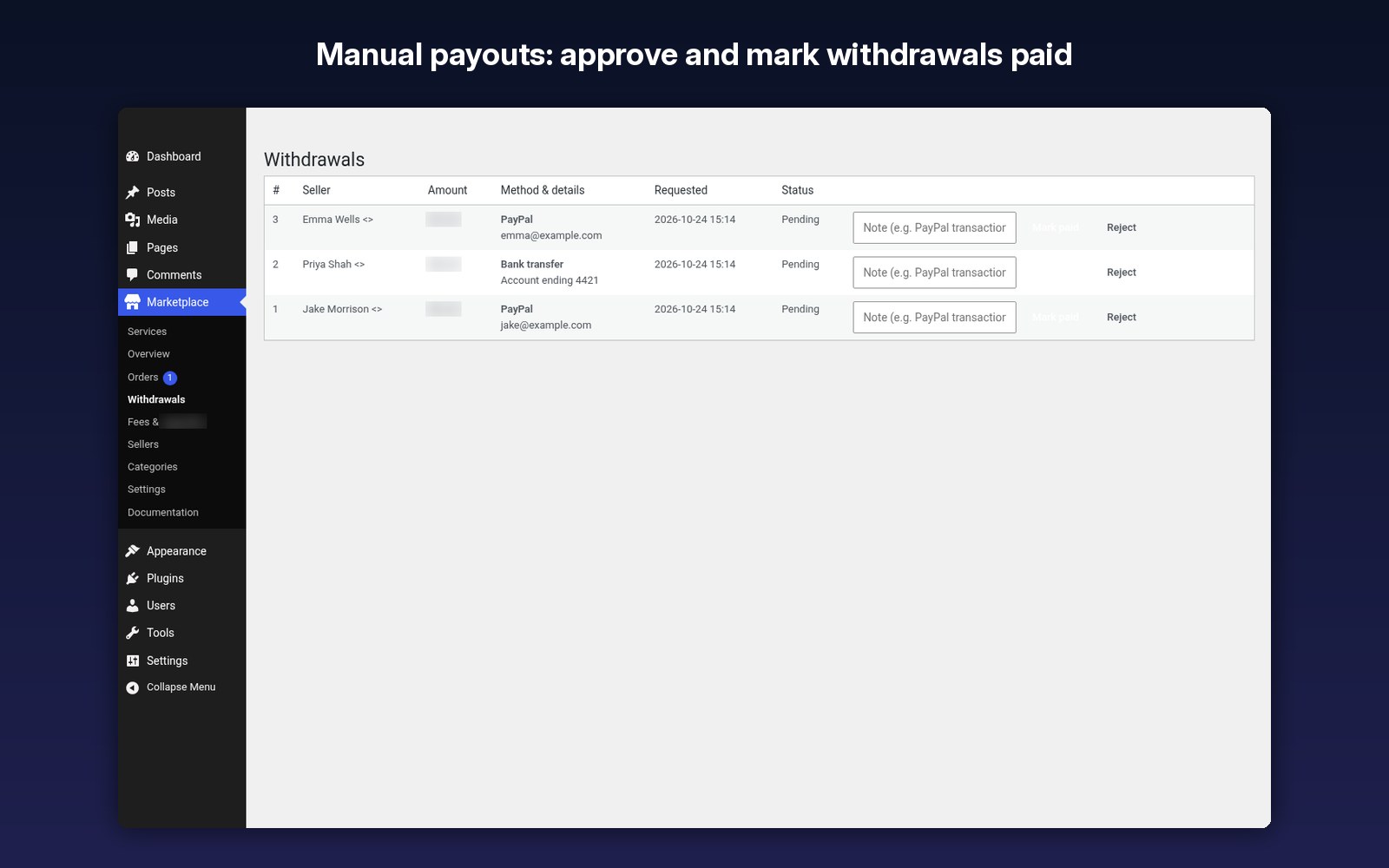 Manual payouts: approve and mark withdrawals paid