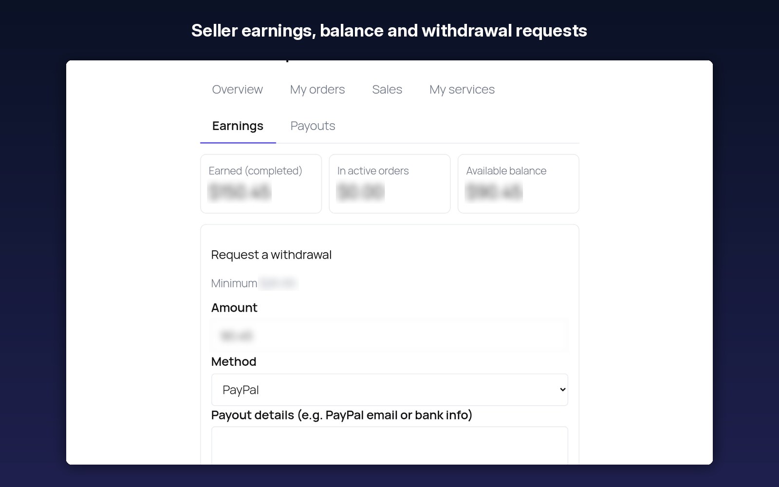 Seller earnings, balance and withdrawal requests