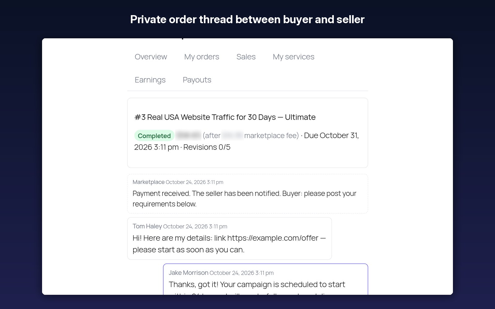 Private order thread between buyer and seller