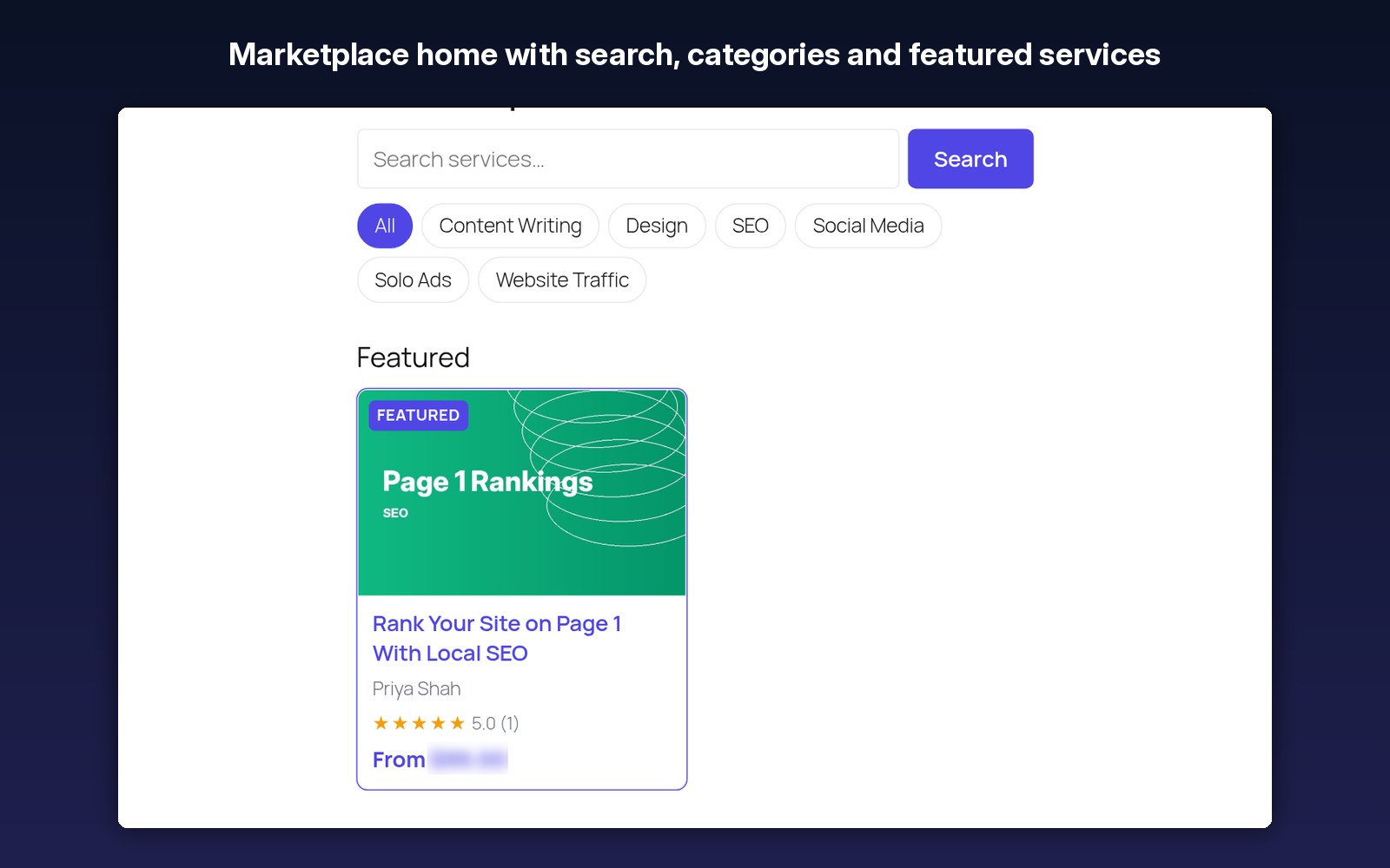 Marketplace home with search, categories and featured services