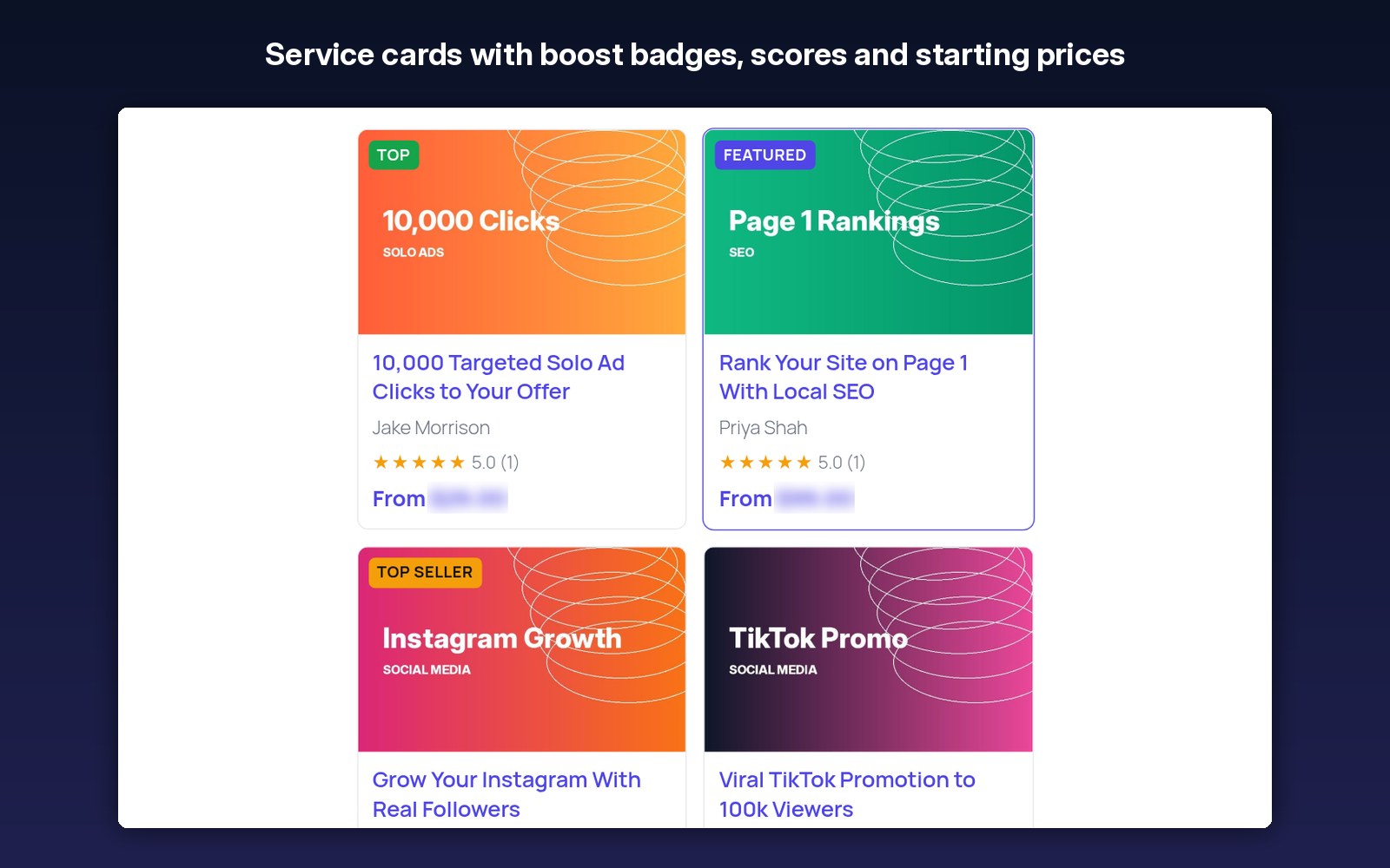 Service cards with boost badges and starting prices