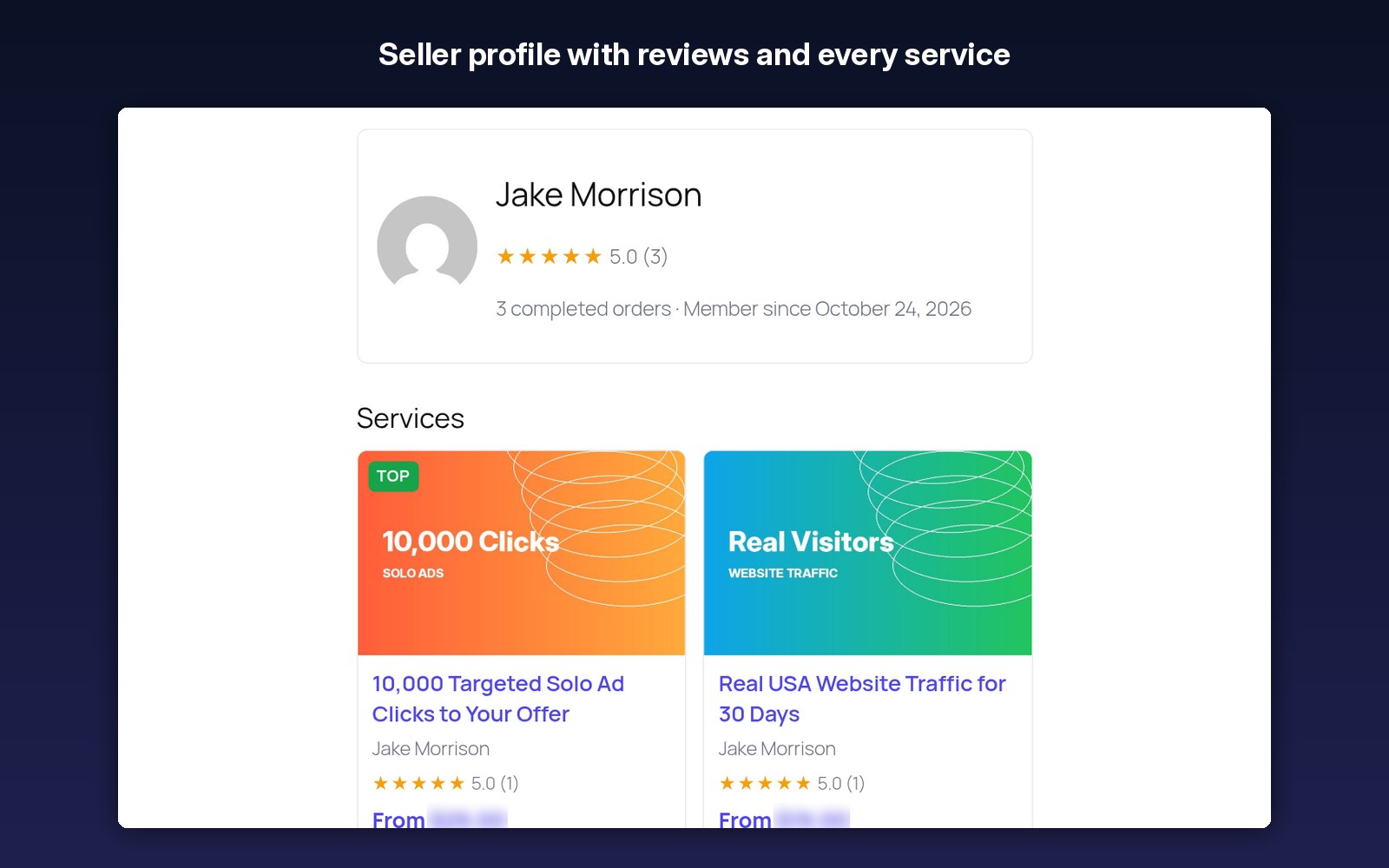 Seller profile with reviews and every service