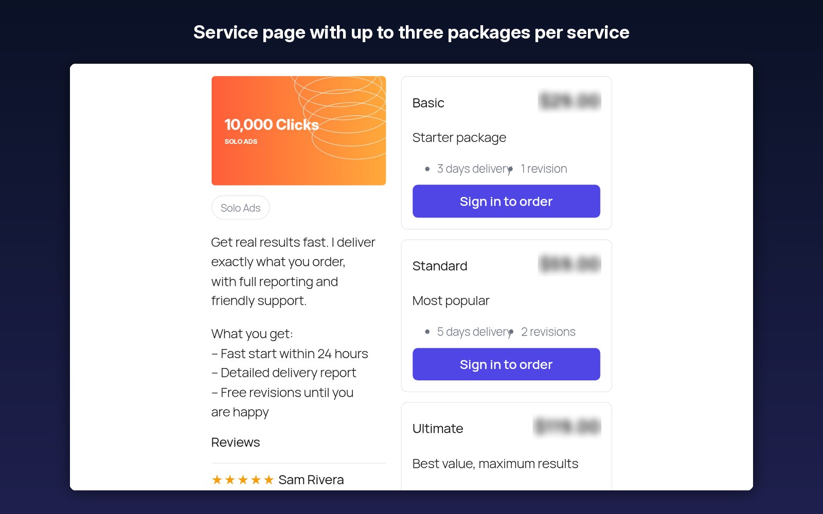 Service page with up to three packages