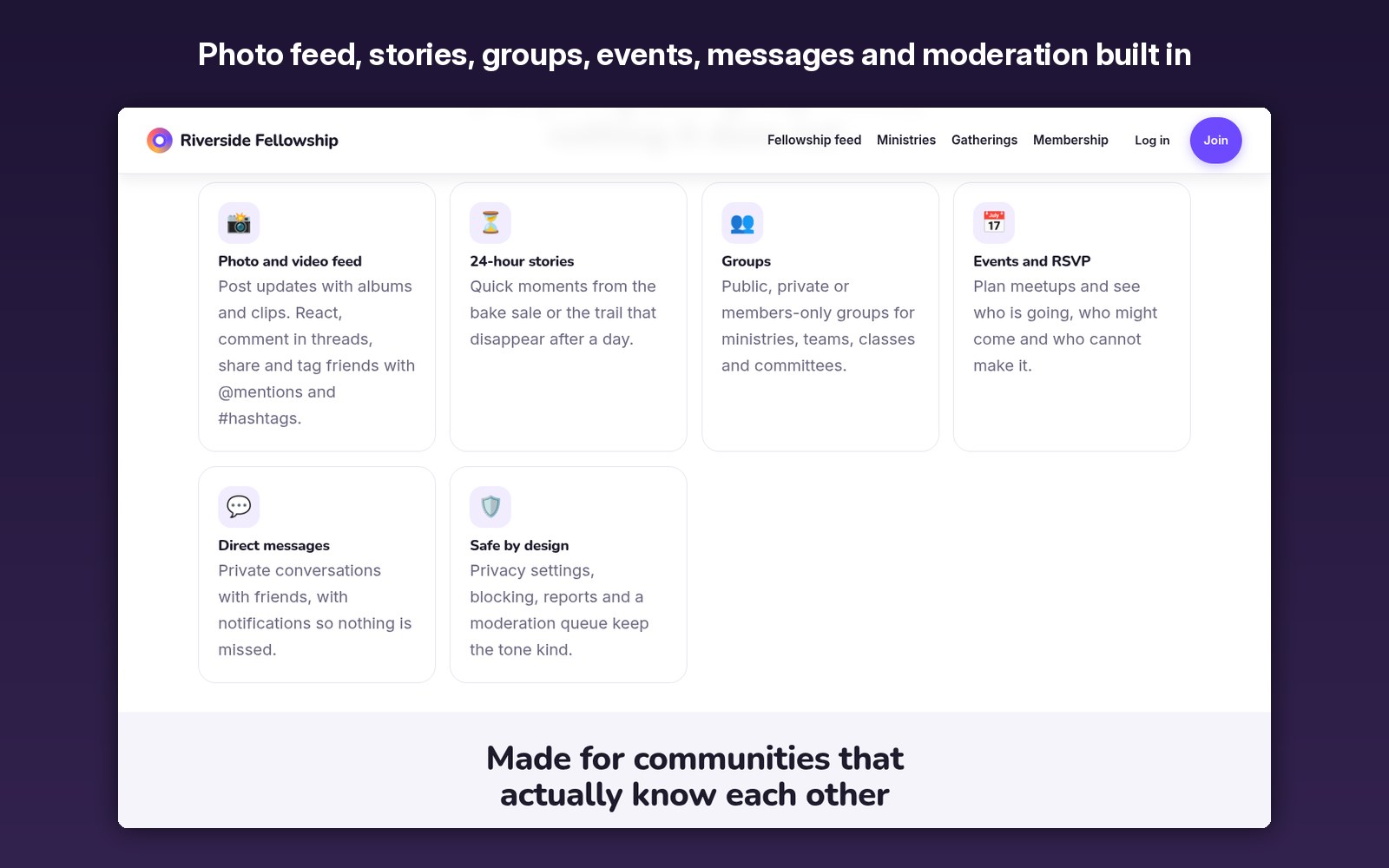 Photo feed, stories, groups, events, messages and moderation built in