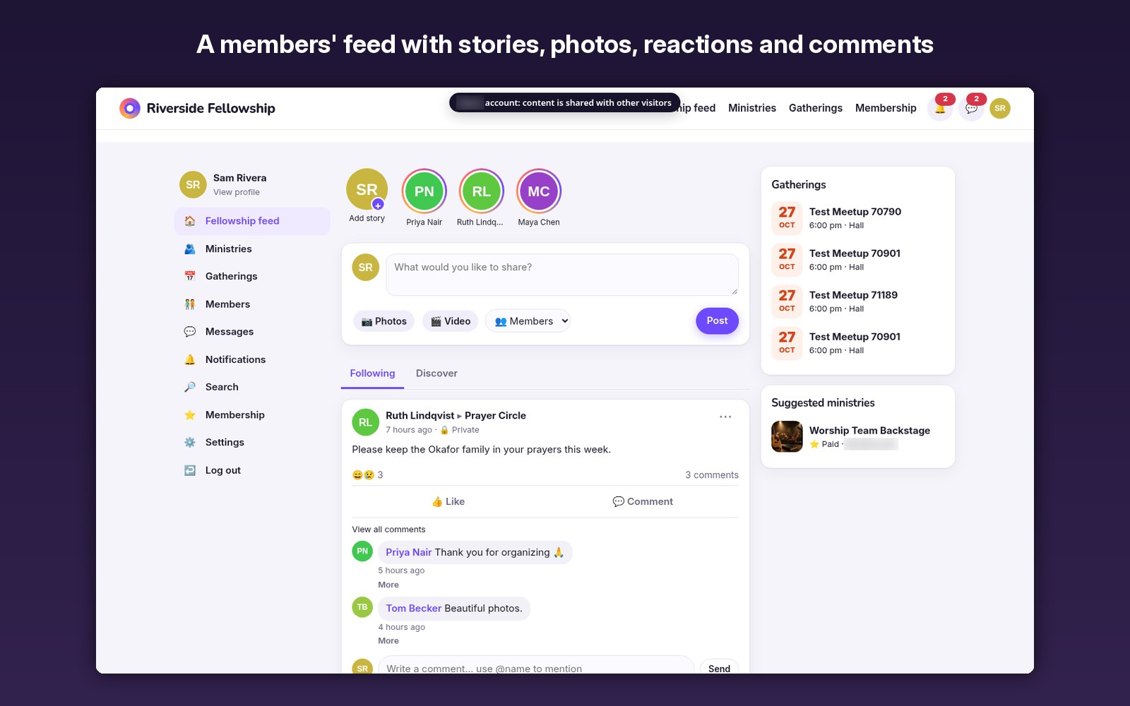 A members' feed with stories, photos, reactions and comments