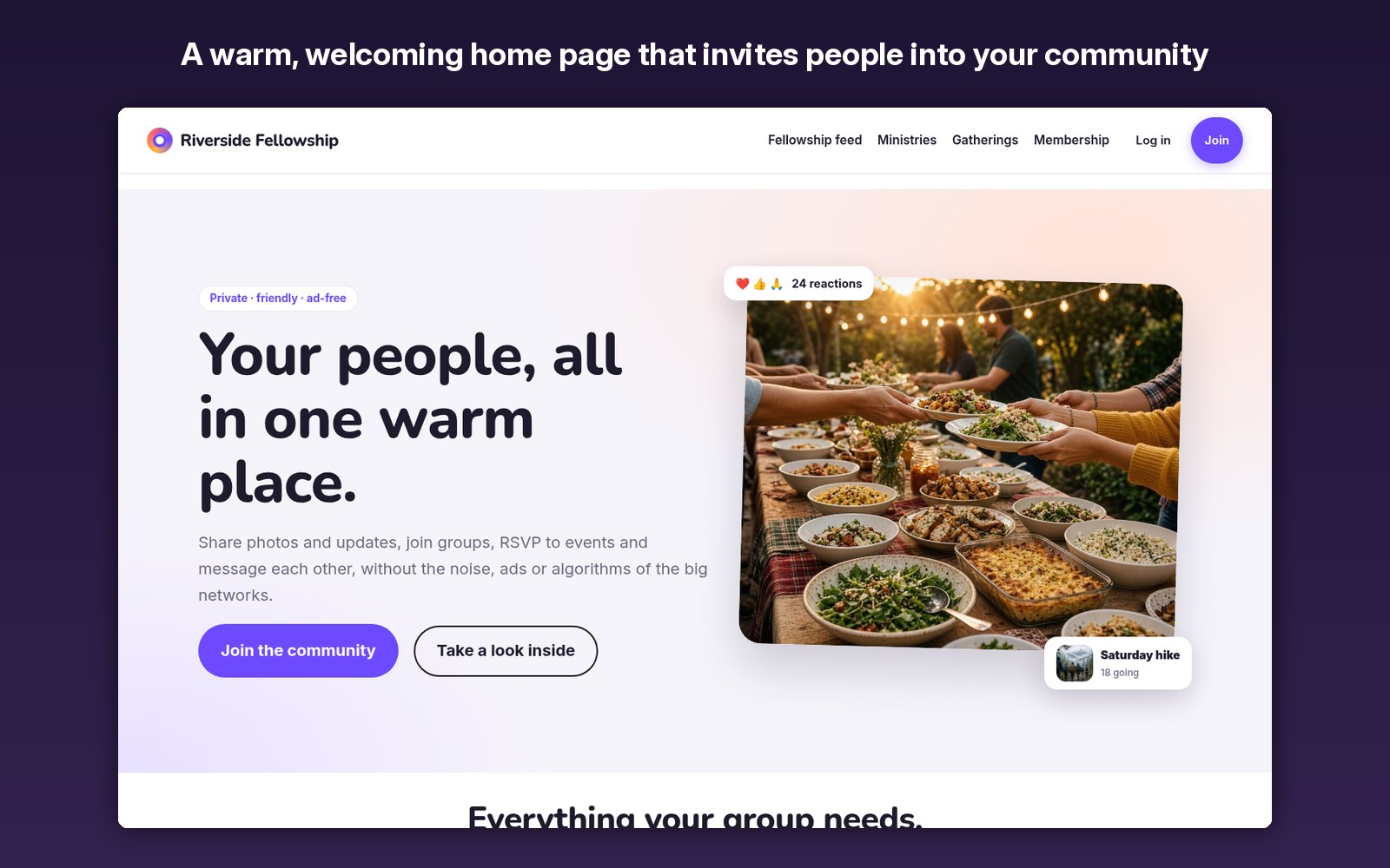 A warm, welcoming home page that invites people into your community